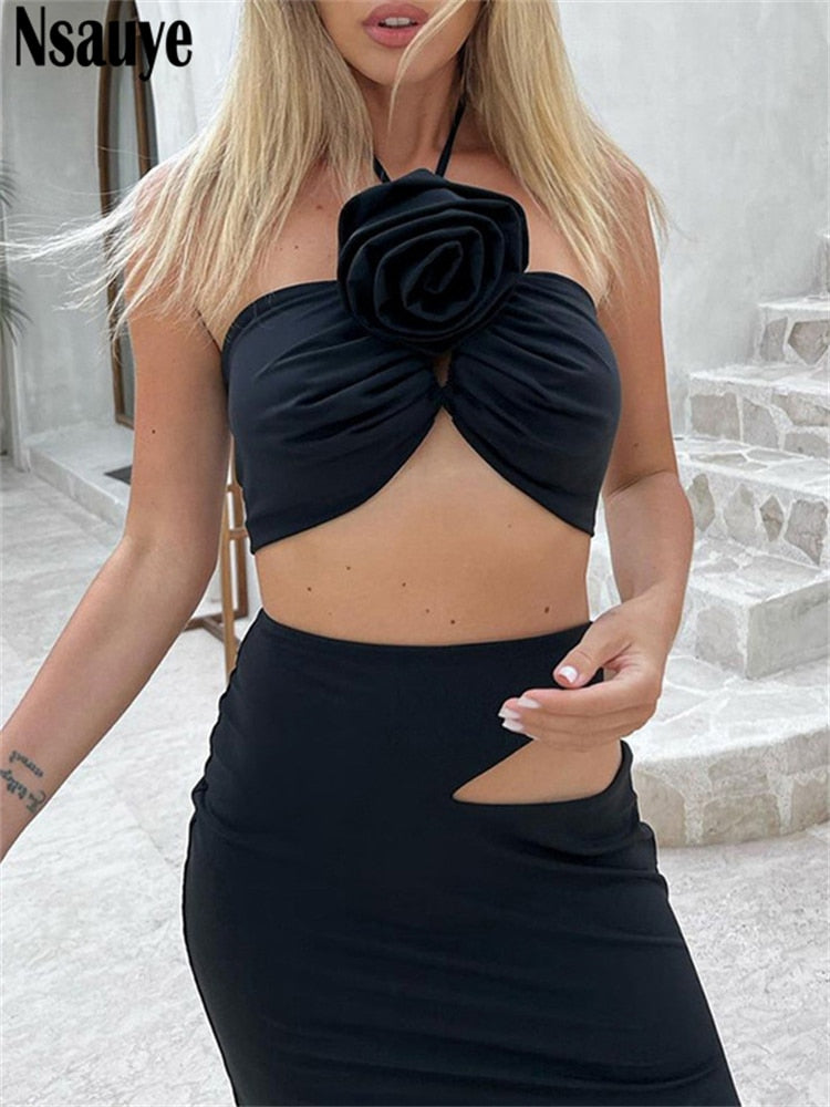 Nsauye Summer Casual Beach Women Sexy Club Skirt Suit Hollow Out Skinny Halter Crop Tops And Long Wrap Skirt Two Piece Set 2024