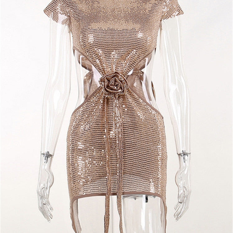 Nsauye Summer Fashion Women Sexy Evening Bling Glitter Elegant Party Club Mini Dress 2024 Hollow Out Y2K Bodycon Short Dresses