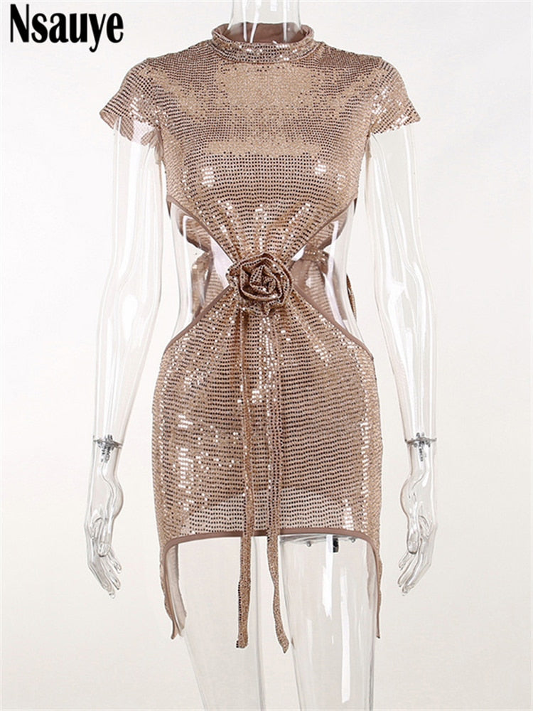 Nsauye Summer Fashion Women Sexy Evening Bling Glitter Elegant Party Club Mini Dress 2024 Hollow Out Y2K Bodycon Short Dresses