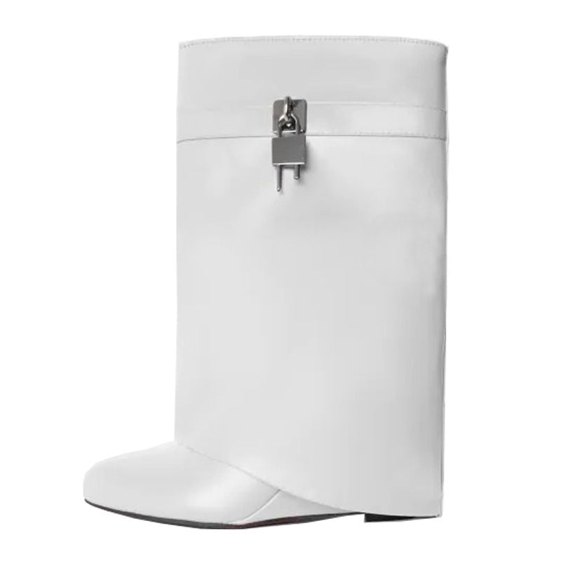 Retro Large Tube Pointed High Heel Metal Lock Wedge Pants Boots Short Tube White