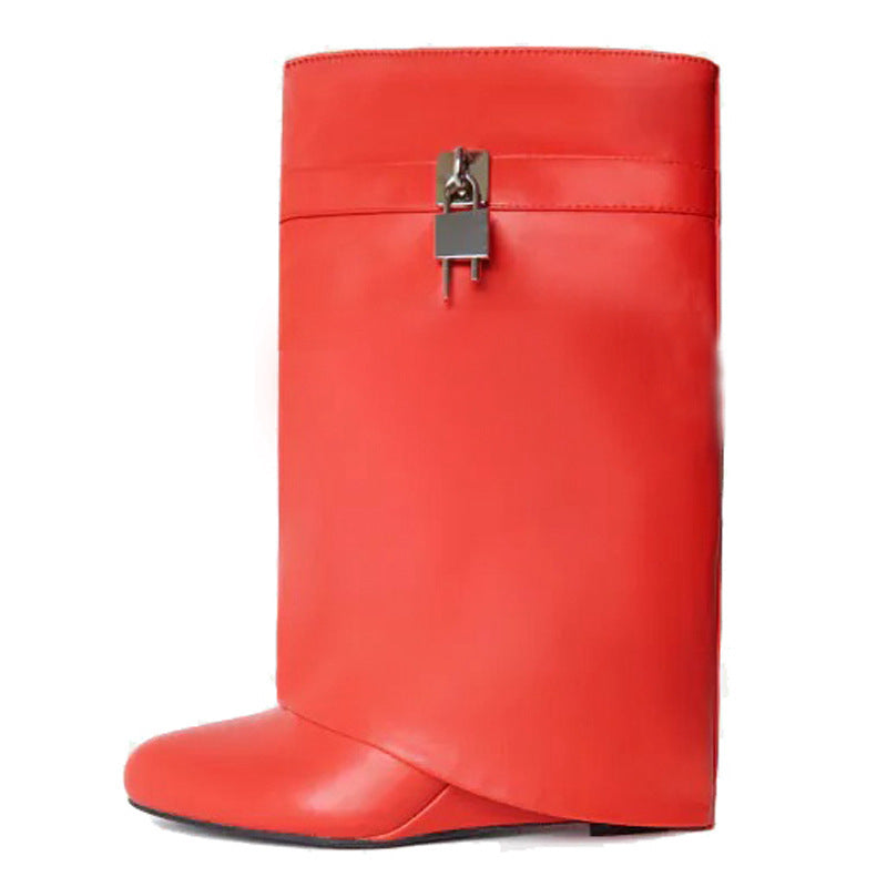 Retro Large Tube Pointed High Heel Metal Lock Wedge Pants Boots Short Tube Red