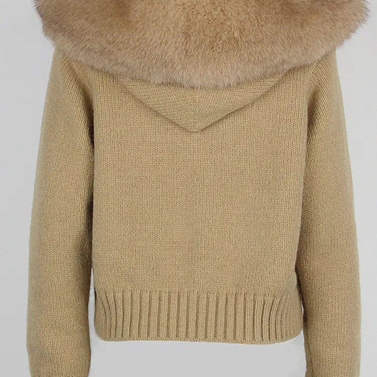OFTBUY 2024 Fashion Autumn Winter Casual Hooded Real Fox Fur Collar Fashion Short Knitted Jacket with Natural Fur Coat for Women