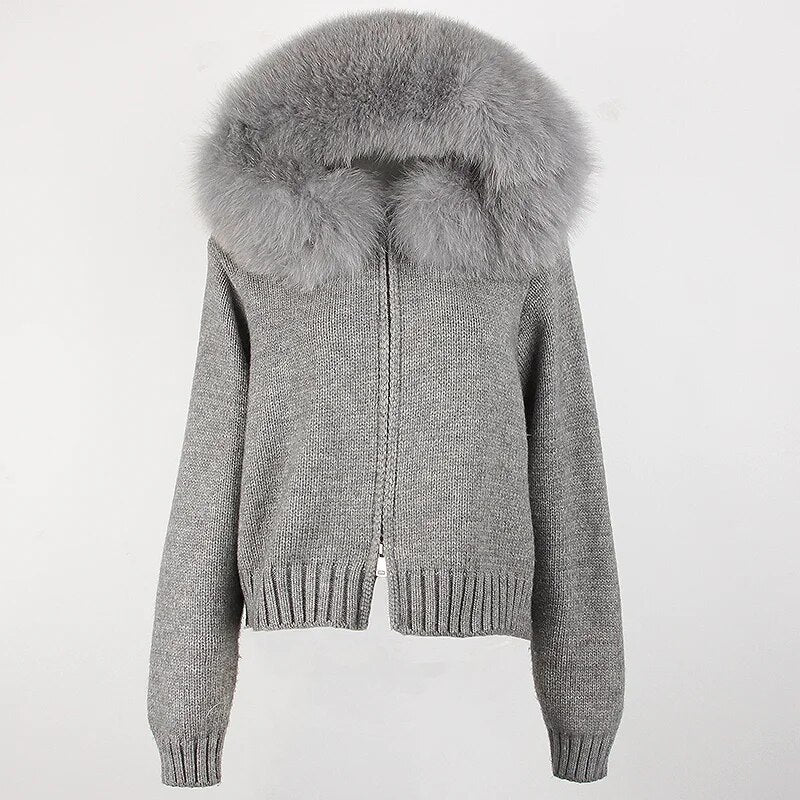 OFTBUY 2024 Fashion Autumn Winter Casual Hooded Real Fox Fur Collar Fashion Short Knitted Jacket with Natural Fur Coat for Women Gray One Size