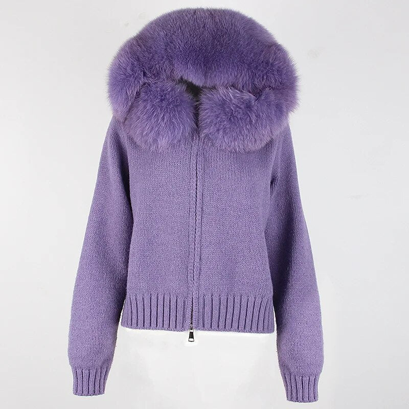 OFTBUY 2024 Fashion Autumn Winter Casual Hooded Real Fox Fur Collar Fashion Short Knitted Jacket with Natural Fur Coat for Women Purple One Size