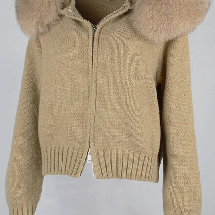 OFTBUY 2024 Fashion Autumn Winter Casual Hooded Real Fox Fur Collar Fashion Short Knitted Jacket with Natural Fur Coat for Women