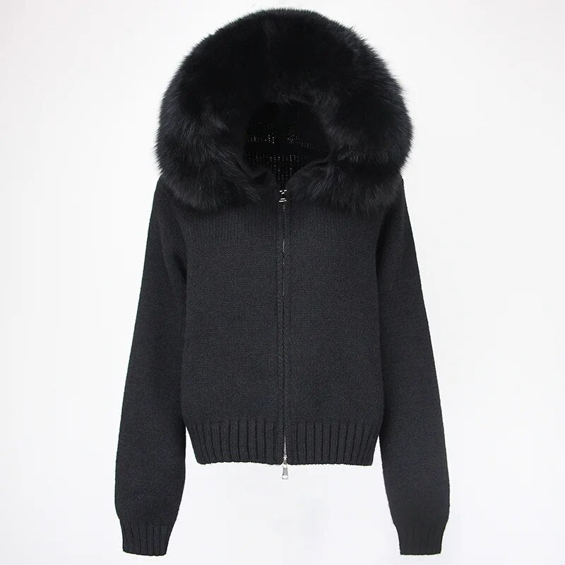 OFTBUY 2024 Fashion Autumn Winter Casual Hooded Real Fox Fur Collar Fashion Short Knitted Jacket with Natural Fur Coat for Women Black One Size