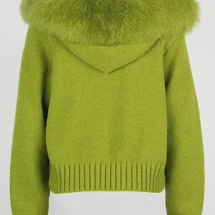 OFTBUY 2024 Fashion Autumn Winter Casual Hooded Real Fox Fur Collar Fashion Short Knitted Jacket with Natural Fur Coat for Women