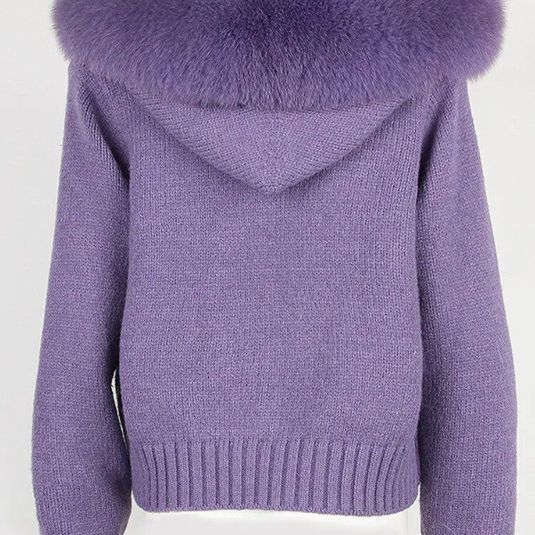 OFTBUY 2024 Fashion Autumn Winter Casual Hooded Real Fox Fur Collar Fashion Short Knitted Jacket with Natural Fur Coat for Women
