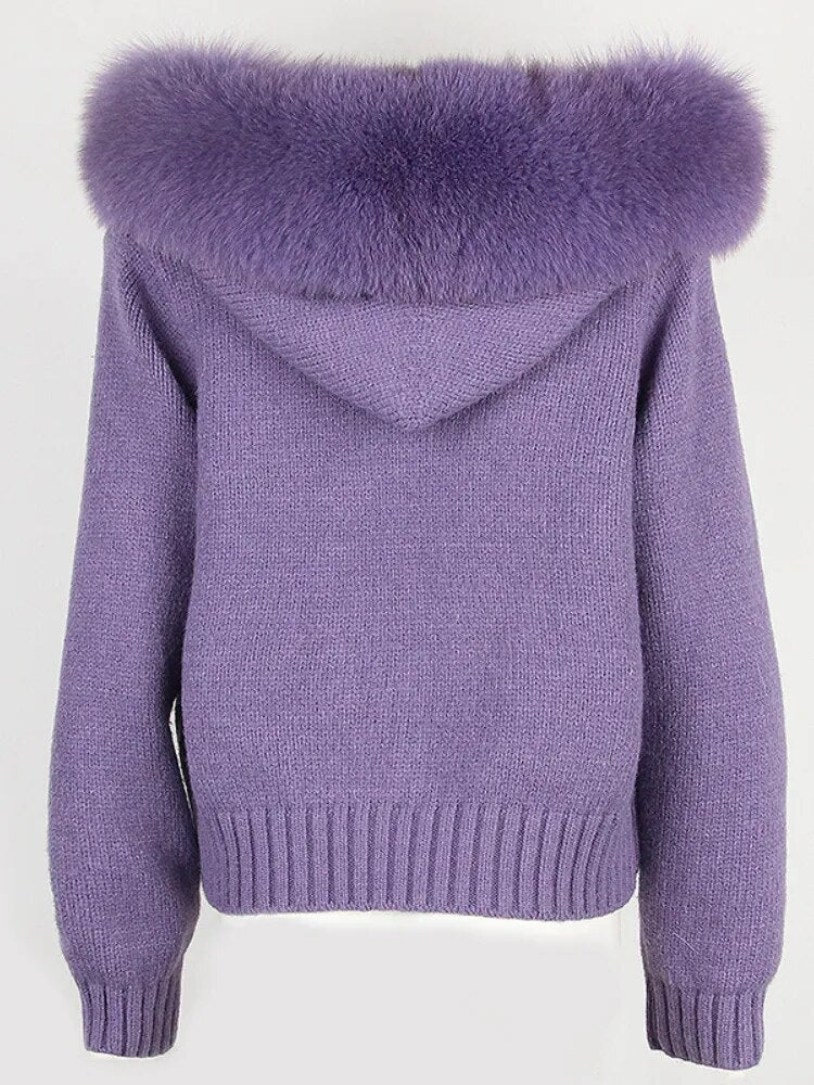 OFTBUY 2024 Fashion Autumn Winter Casual Hooded Real Fox Fur Collar Fashion Short Knitted Jacket with Natural Fur Coat for Women