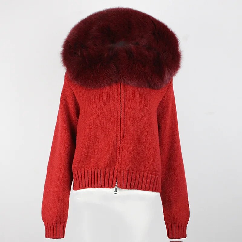 OFTBUY 2024 Fashion Autumn Winter Casual Hooded Real Fox Fur Collar Fashion Short Knitted Jacket with Natural Fur Coat for Women Red One Size