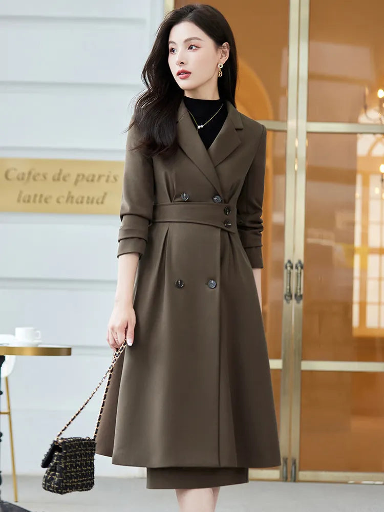 Office Ladies Formal Overcoat Suit For Women Black Apricot Coffee Two Piece Set Skirt Suits Autumn Winter Business Work Wear