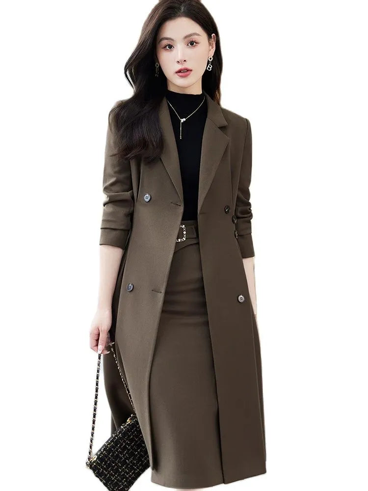 Office Ladies Formal Overcoat Suit For Women Black Apricot Coffee Two Piece Set Skirt Suits Autumn Winter Business Work Wear