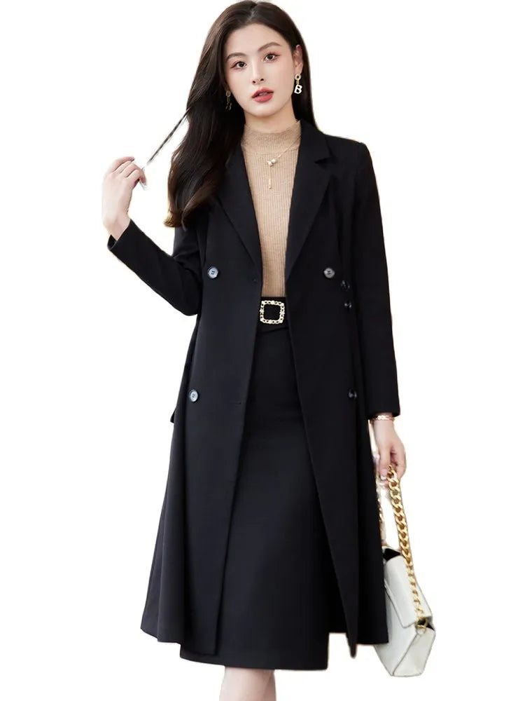 Office Ladies Formal Overcoat Suit For Women Black Apricot Coffee Two Piece Set Skirt Suits Autumn Winter Business Work Wear