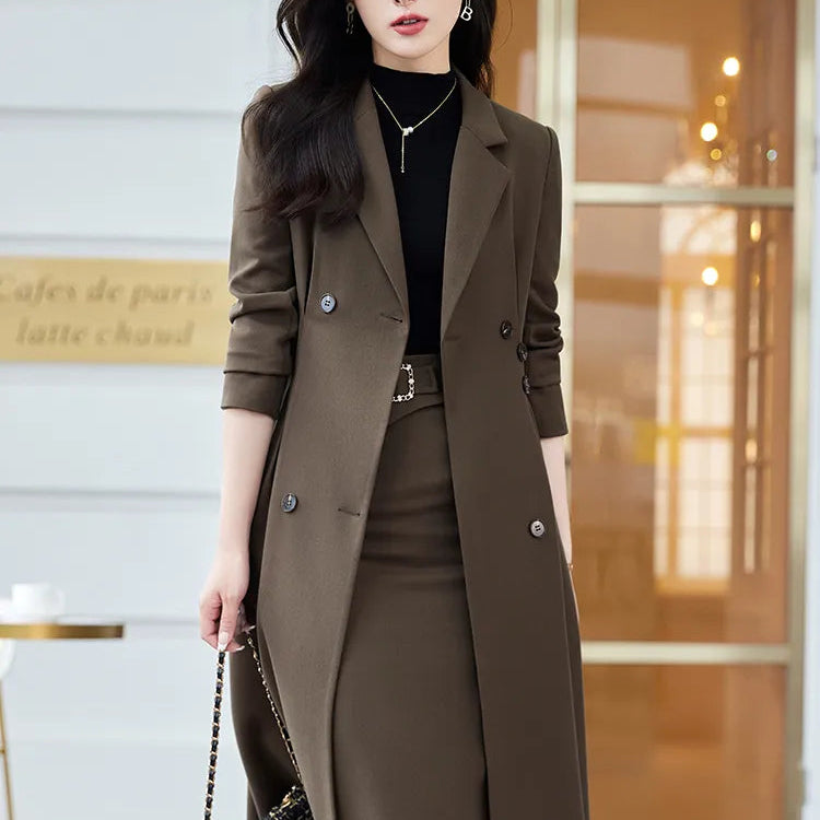 Office Ladies Formal Overcoat Suit For Women Black Apricot Coffee Two Piece Set Skirt Suits Autumn Winter Business Work Wear Coffee Skirt Suit