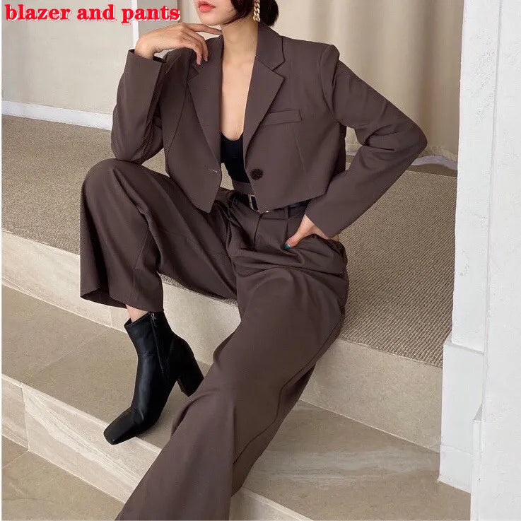 Office Lady Blazer Suits Vintage Two Piece Set Women Long Sleeve Short Blazer + High Waist Wide Leg Long Pants 2 Piece Outfits blazer and pants set