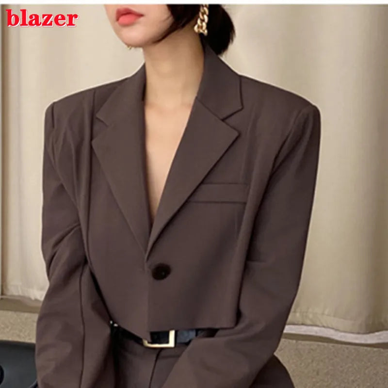 Office Lady Blazer Suits Vintage Two Piece Set Women Long Sleeve Short Blazer + High Waist Wide Leg Long Pants 2 Piece Outfits blazer