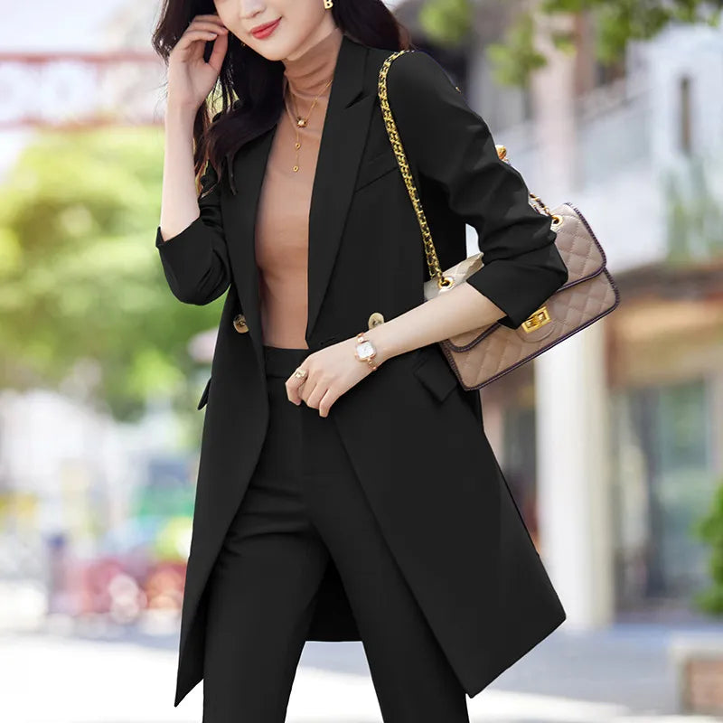 Office Professional Women's Blazer Pants 2-Piece Set Fall Fashion Long Female Jacket Over Business Suit Casual Trousers
