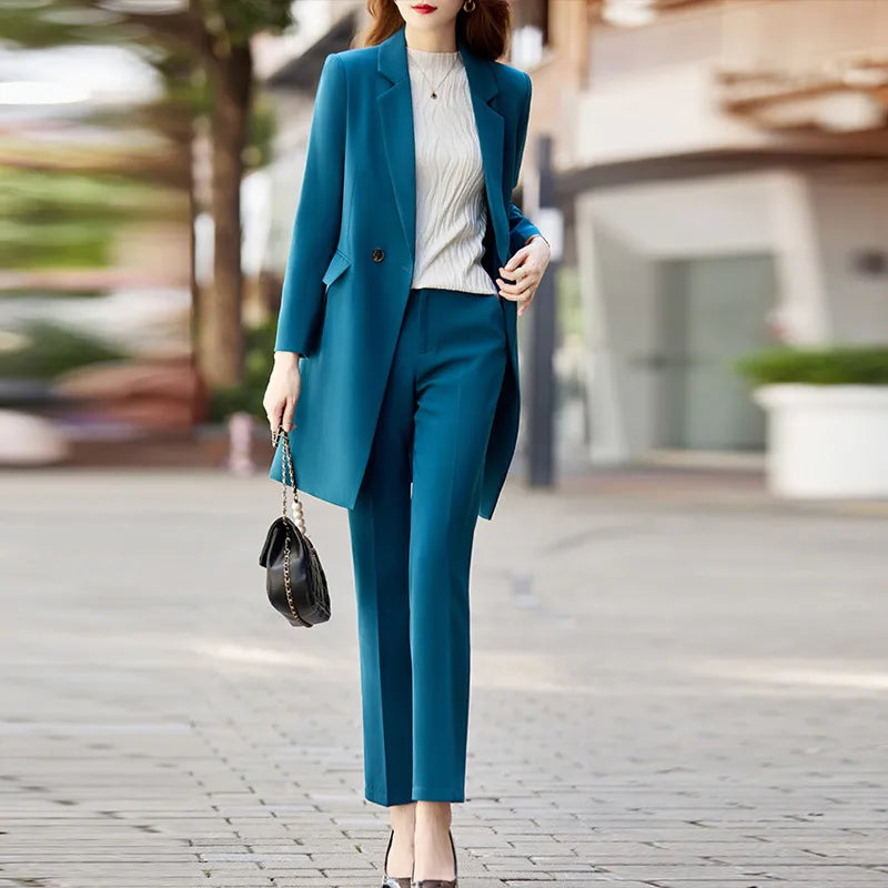 Office Professional Women's Blazer Pants 2-Piece Set Fall Fashion Long Female Jacket Over Business Suit Casual Trousers