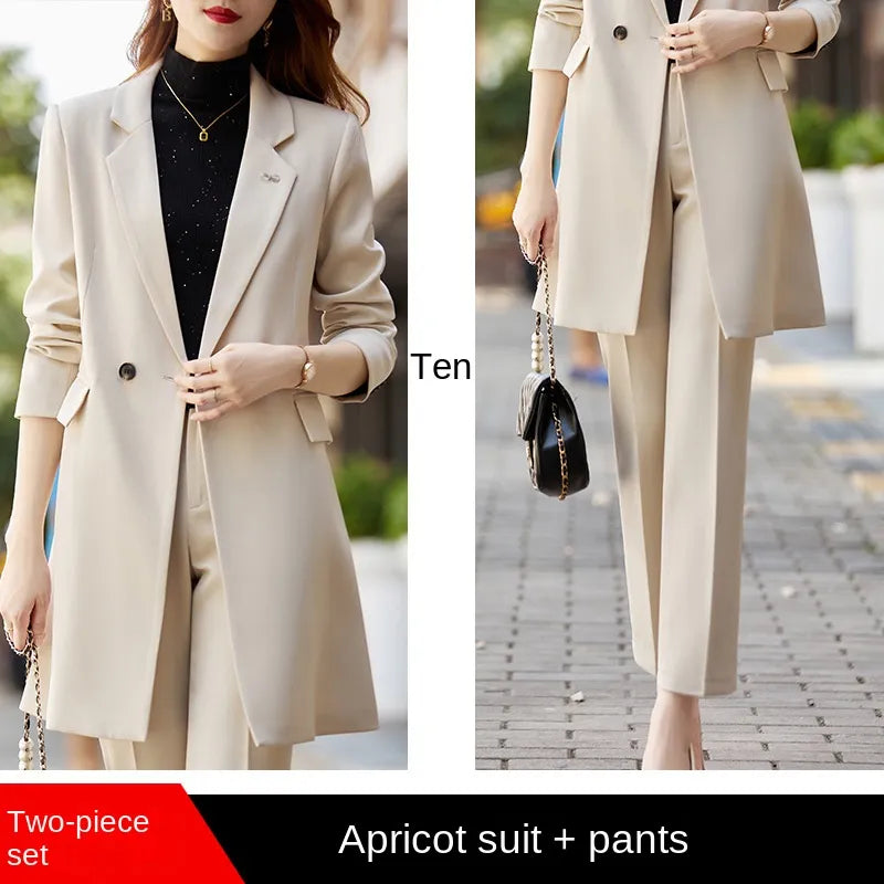 Office Professional Women's Blazer Pants 2-Piece Set Fall Fashion Long Female Jacket Over Business Suit Casual Trousers Apricot Pant Suits