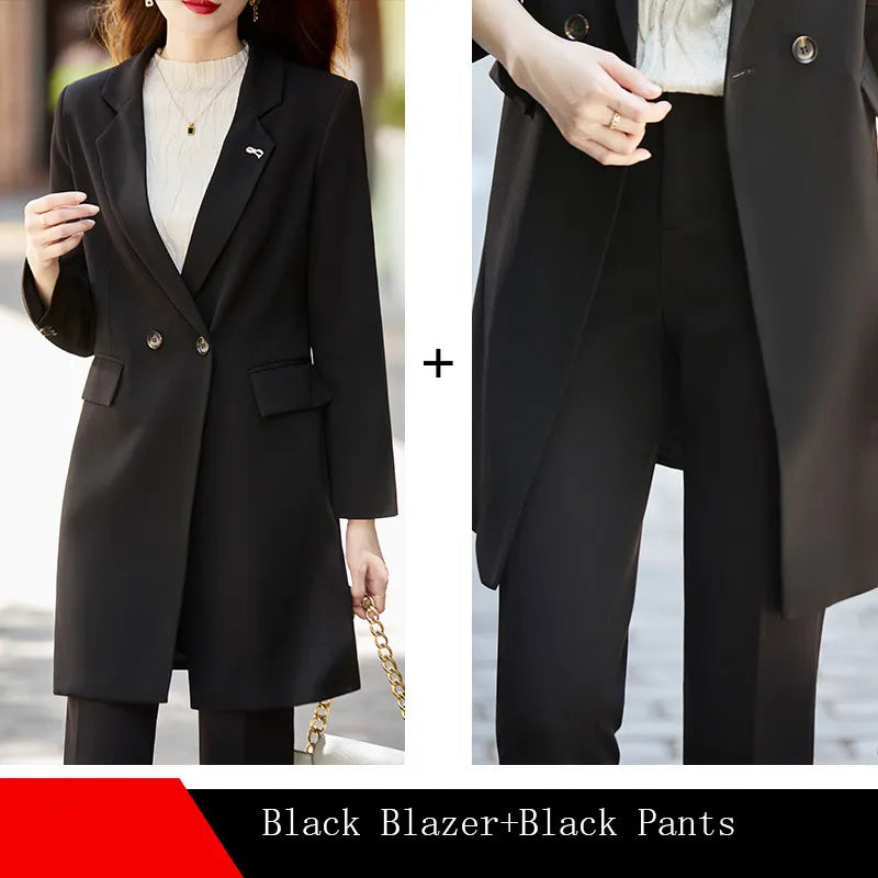 Office Professional Women's Blazer Pants 2-Piece Set Fall Fashion Long Female Jacket Over Business Suit Casual Trousers Black Pant Suits
