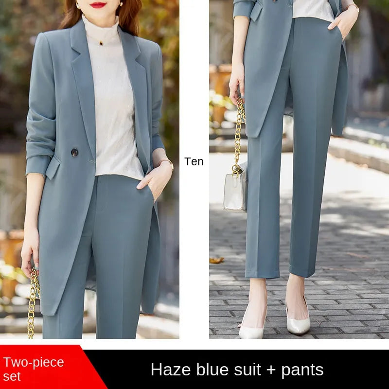 Office Professional Women's Blazer Pants 2-Piece Set Fall Fashion Long Female Jacket Over Business Suit Casual Trousers Light Pant Suits