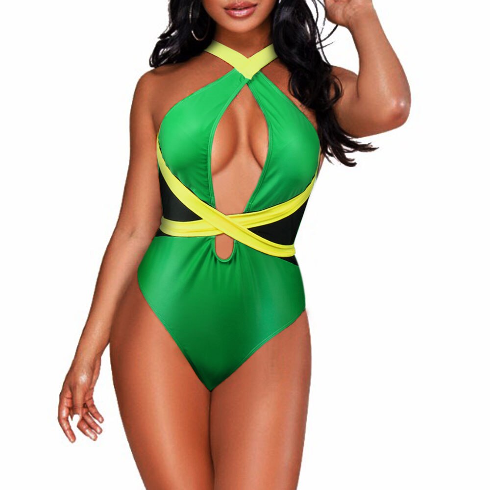 One Piece Caribbean Flag Rasta Body Shaping Monokini Swimsuit Swimwear Bathing Suit Green