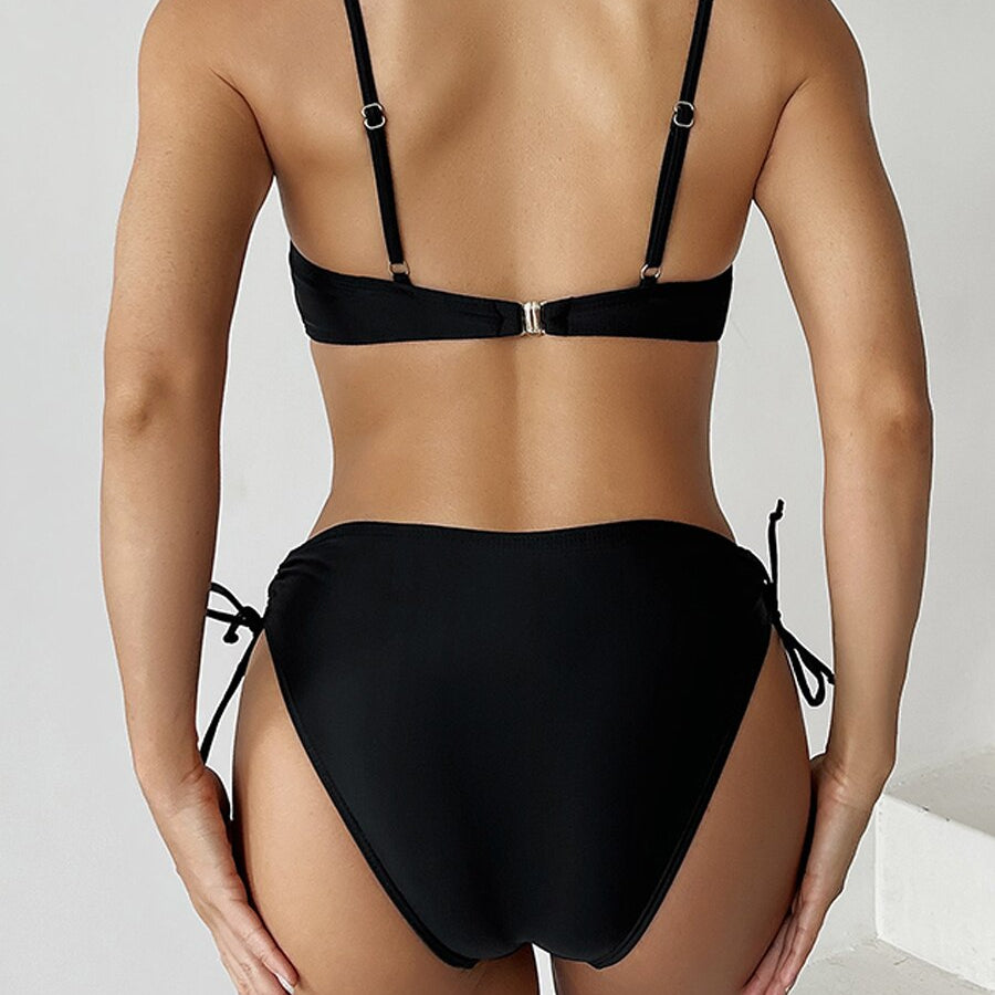 One Piece Push Up Swimsuit Solid Swimwear Female Tie Side Beachwear Hollow Bathing Swimming Suit