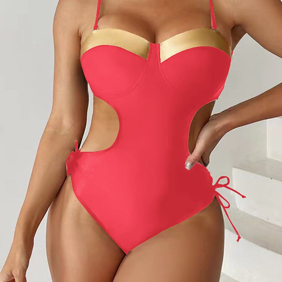 One Piece Push Up Swimsuit Solid Swimwear Female Tie Side Beachwear Hollow Bathing Swimming Suit C3Pink