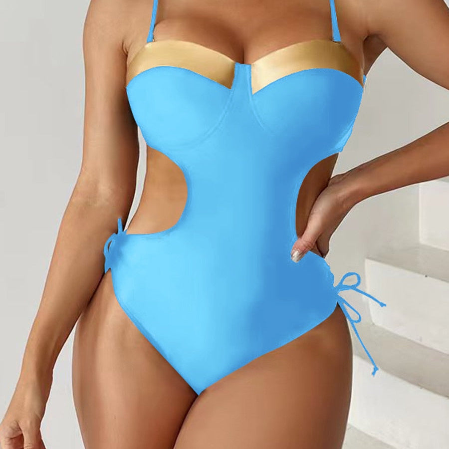 One Piece Push Up Swimsuit Solid Swimwear Female Tie Side Beachwear Hollow Bathing Swimming Suit C4Blue