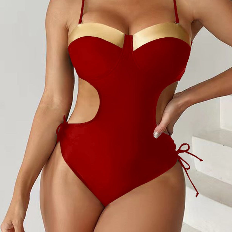 One Piece Push Up Swimsuit Solid Swimwear Female Tie Side Beachwear Hollow Bathing Swimming Suit C2Wine Red