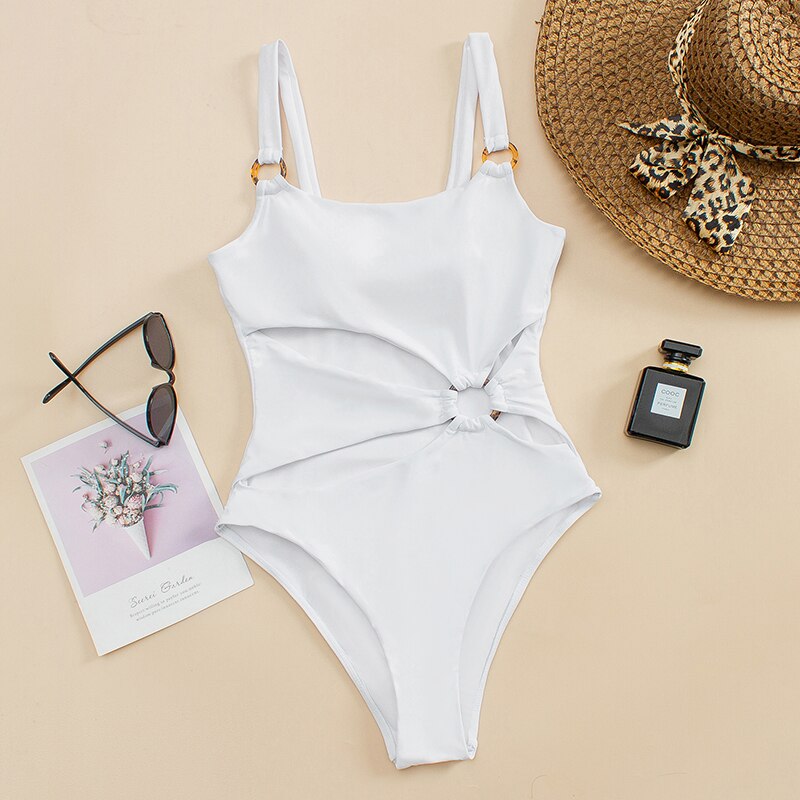 One Piece Sexy Swimwear Women Solid Hollow Ring Bikini 2024