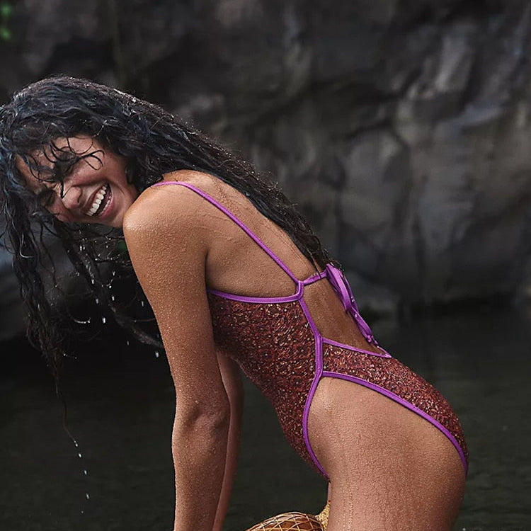 One Piece Suit High Cut Swimwear - Print Swimsuit Women Deep V Monokini Beachwear Bodysuit