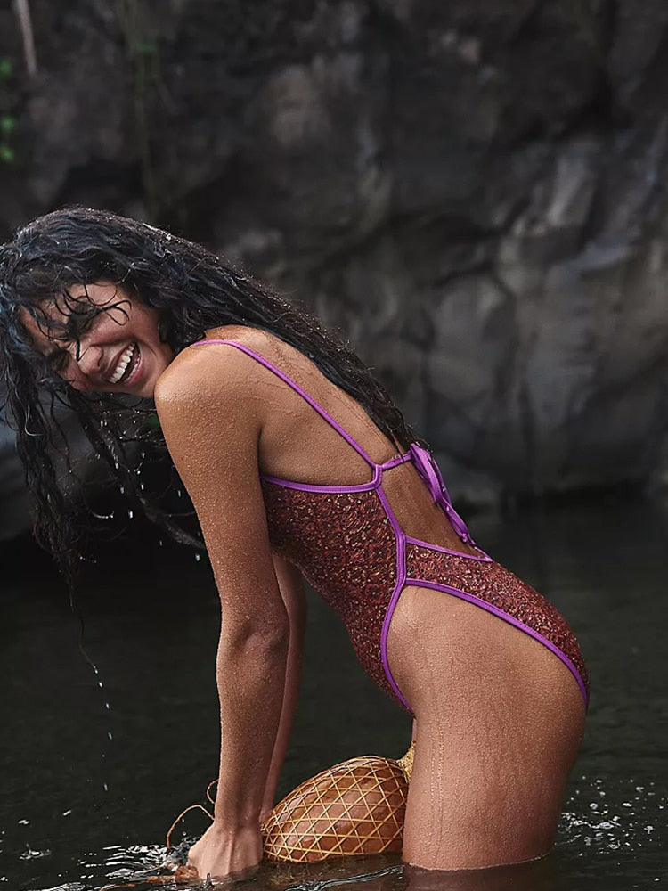 One Piece Suit High Cut Swimwear - Print Swimsuit Women Deep V Monokini Beachwear Bodysuit