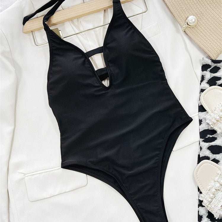One Piece Swimsuit - New Solid Black Halter V-neck Monokini Sexy Thong Bathing Suit Beach Wear Summer Bodysuit L