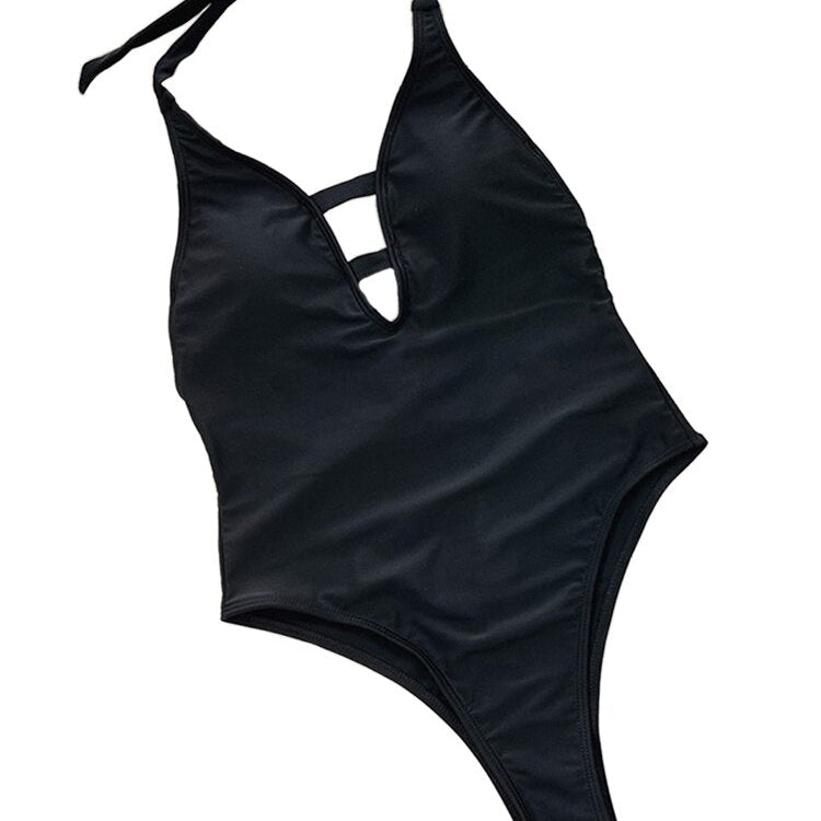 One Piece Swimsuit - New Solid Black Halter V-neck Monokini Sexy Thong Bathing Suit Beach Wear Summer Bodysuit