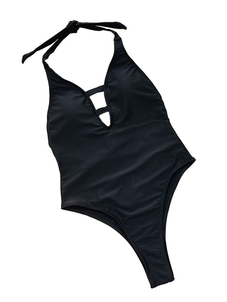 One Piece Swimsuit - New Solid Black Halter V-neck Monokini Sexy Thong Bathing Suit Beach Wear Summer Bodysuit