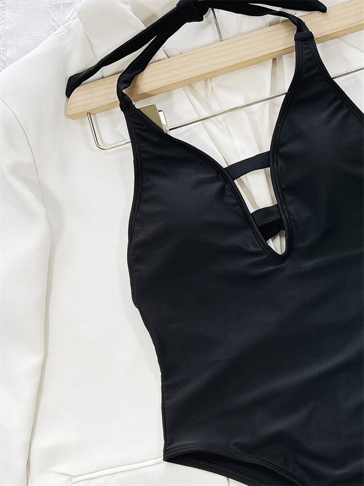 One Piece Swimsuit - New Solid Black Halter V-neck Monokini Sexy Thong Bathing Suit Beach Wear Summer Bodysuit