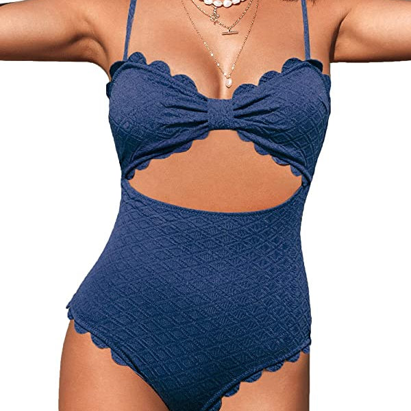 One Piece Swimsuit Sexy Black Cutout Scallop Trim Bathing Suit Dark Blue