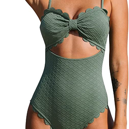 One Piece Swimsuit Sexy Black Cutout Scallop Trim Bathing Suit Green