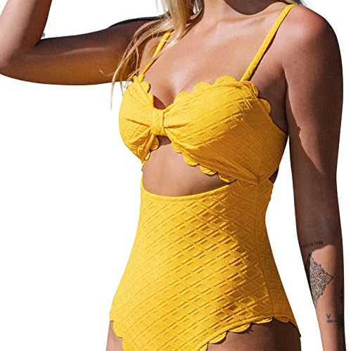 One Piece Swimsuit Sexy Black Cutout Scallop Trim Bathing Suit Yellow