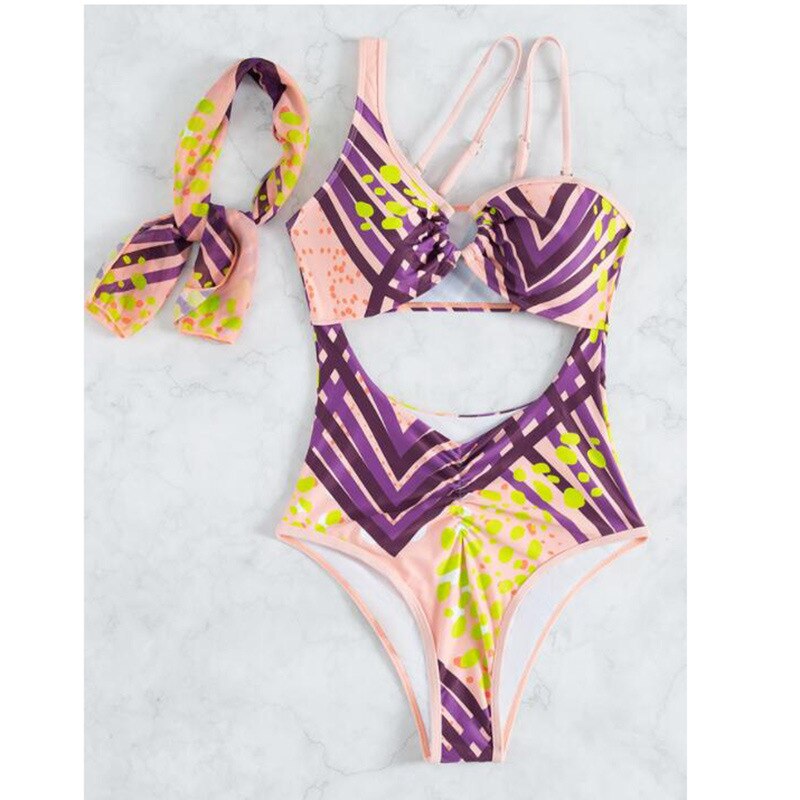 One Piece Swimsuit Sexy One-Shoulder Print - Swimwear Summer New Hollow Out Monokini 3