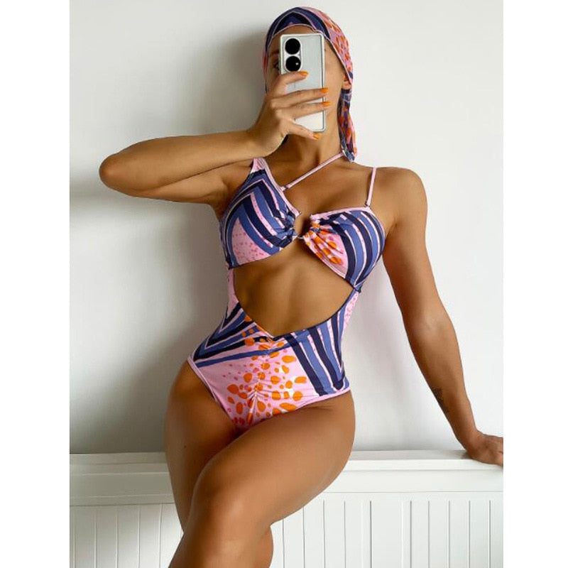 One Piece Swimsuit Sexy One-Shoulder Print - Swimwear Summer New Hollow Out Monokini
