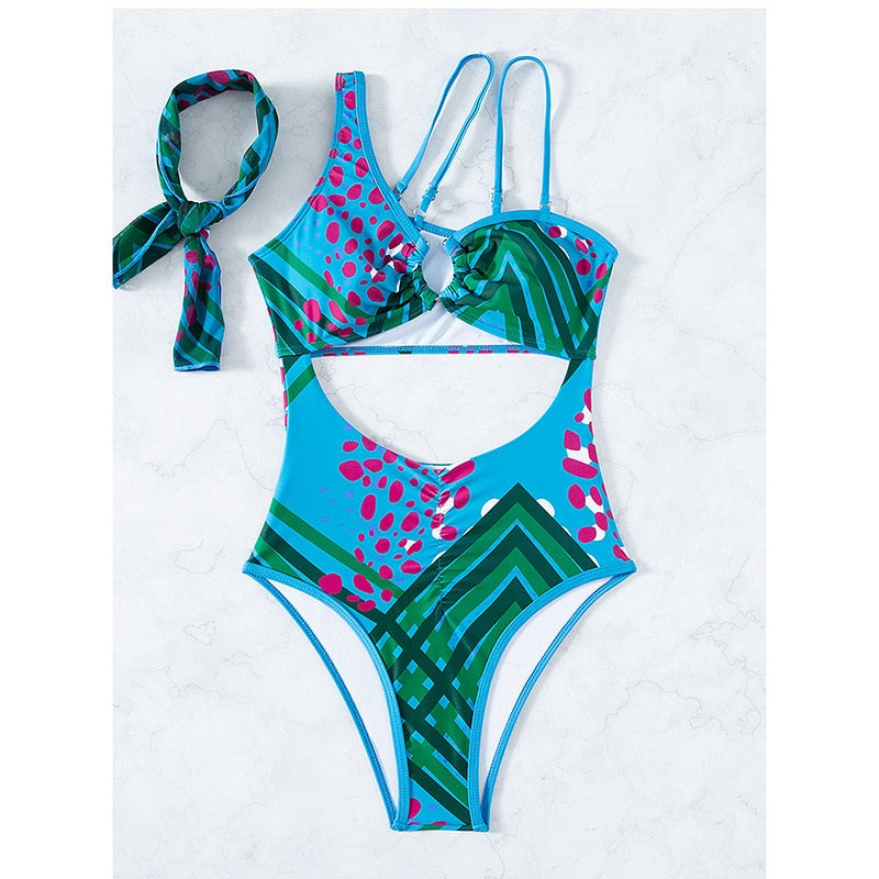 One Piece Swimsuit Sexy One-Shoulder Print - Swimwear Summer New Hollow Out Monokini 4