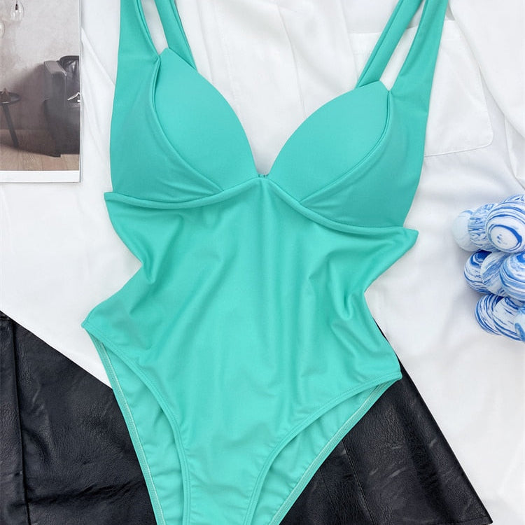 One Piece Swimsuit - Solid Sling V Neck Swimwear Sexy Bodysuit Monokini Summer Beach Wear Green