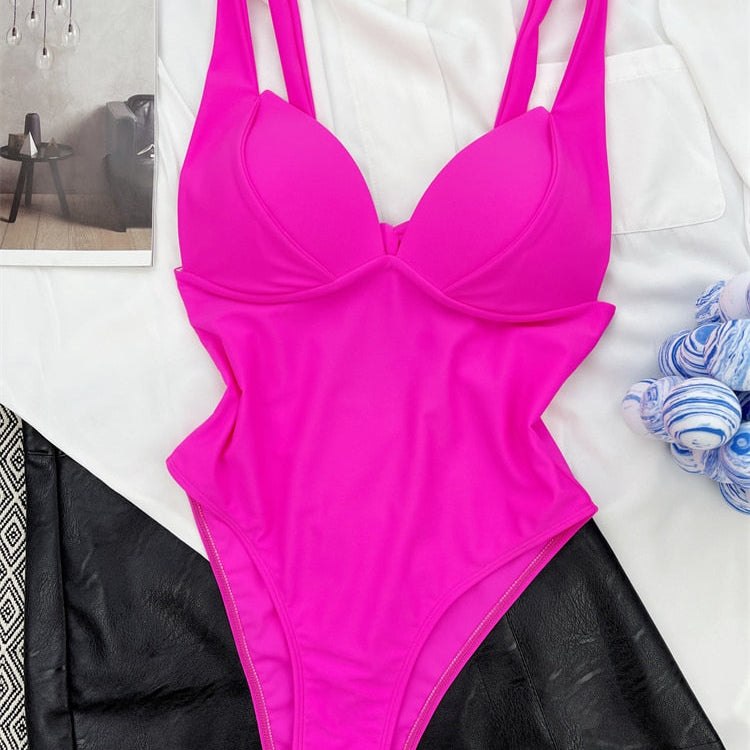 One Piece Swimsuit - Solid Sling V Neck Swimwear Sexy Bodysuit Monokini Summer Beach Wear Pink