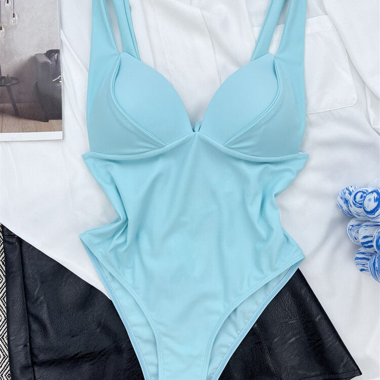 One Piece Swimsuit - Solid Sling V Neck Swimwear Sexy Bodysuit Monokini Summer Beach Wear Sky Blue