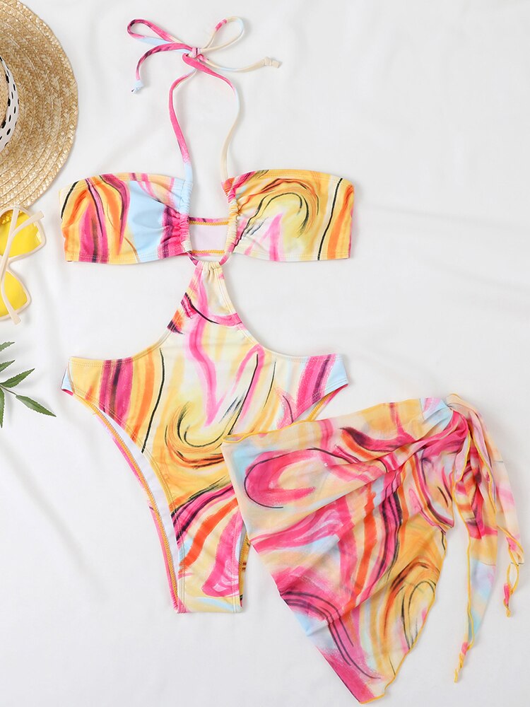 One Piece Swimsuit - Tie Dye Swimwear Sexy Bodysuit Monokini Summer 2 Piece Beach Cover Up Bathing Suit Pink