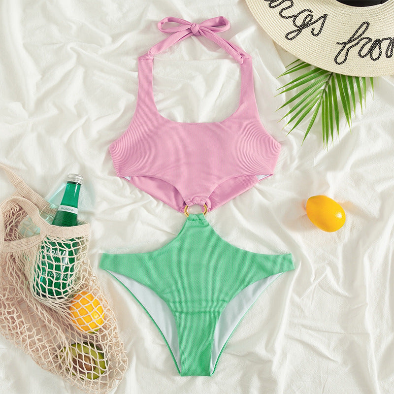 One Piece Swimsuit U Neck Low Waist Bikini Ring Decoration Pink