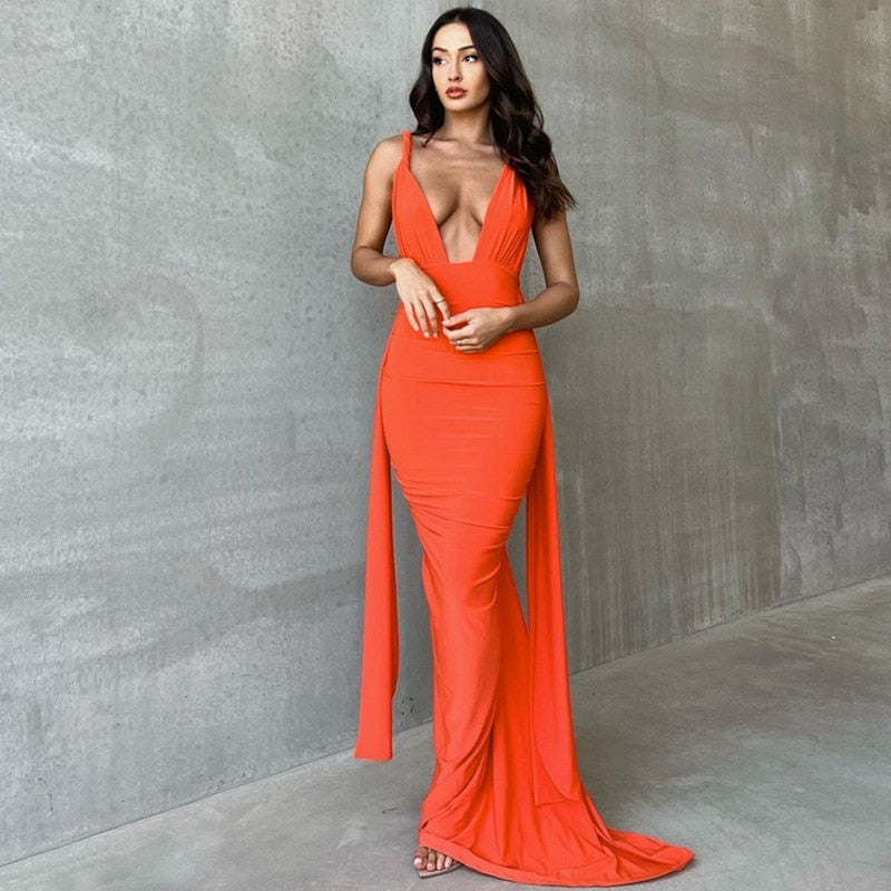 One Shoulder Backless Adjustable Scarf Loop Ruched Sexy Maxi Dress 2024 Women Elegant Y2K Vintage Dress Fashion Summer Robe Size Style3 orange