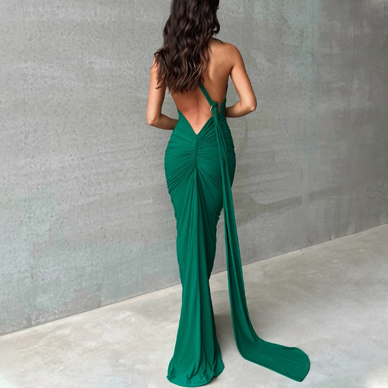 One Shoulder Backless Adjustable Scarf Loop Ruched Sexy Maxi Dress 2024 Women Elegant Y2K Vintage Dress Fashion Summer Robe Size Style1 green